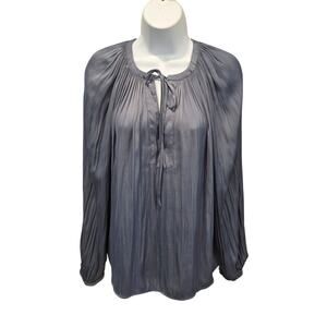 Philosophy Peasant Tie-Neck Top S Dusty Denim Blue Preppy Coastal Quiet Luxury